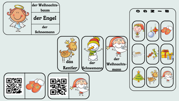 Weihnachten - gry i zabawy tematyczne z języka niemieckiego - wklejka - słownictwo, gry: Ja mam ..., Kto ma, domino z QR-kodami, 1 z 3, bingo