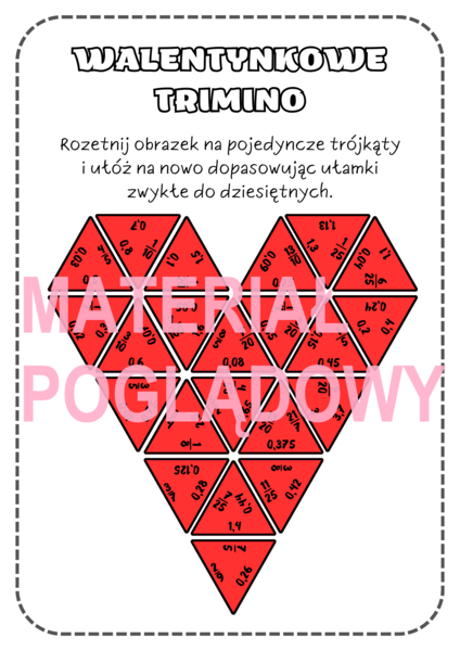 Walentynki - zamiana ułamków zwykłych na dziesiętne - TRIMINO klasa 4, 5, 6, 7, 8