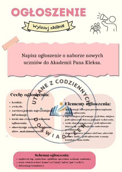 Ćwiczenia w redagowaniu ogłoszeń związanych z lekturami- zestaw 50 kart graficznych