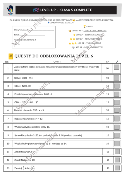 Level Up! Matematyka Klasa 5 – Powtórka Roku w Formie Gry (PDF)
