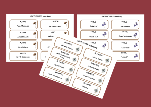 LEKTUROWE KALAMBURY - lektury kl. 7-8 - egzamin - powtórka - fiszki - 96 szt.
