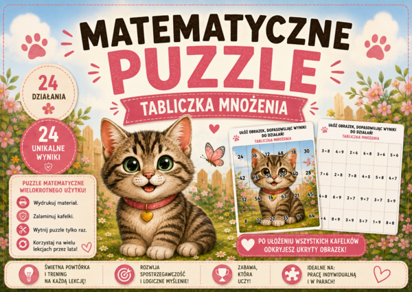 Matematyczne puzzle – tabliczka mnożenia – dopasuj działania do wyników