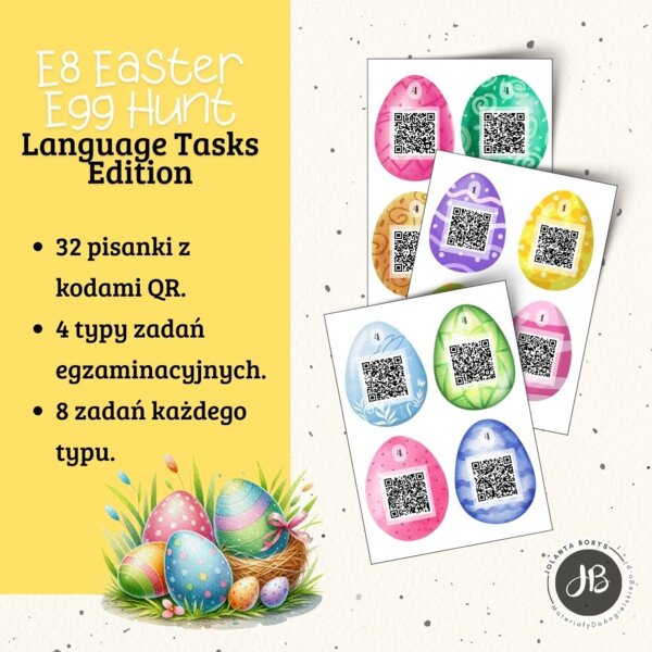 Zestaw "E8 Easter Egg Hunt: Language Tasks Edition" - kody QR, zadania egzaminacyjne, ćwiczenia językowe, angielski 5-8, wielkanoc