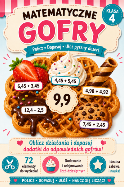 🧇 Matematyczne Gofry – dodawanie i odejmowanie liczb dziesiętnych | ułamki I Wycinanka matematyczna | Klasa 4
