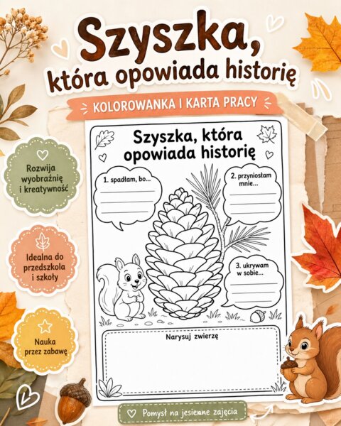 Szyszka, która opowiada historię. Kolorowanka