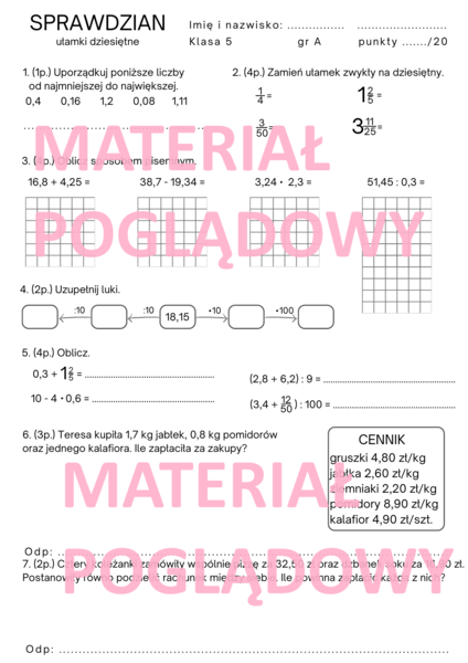 Sprawdzian. Karta pracy. Ułamki dziesiętne. Klasa 4. Klasa 5. Klasa 6.