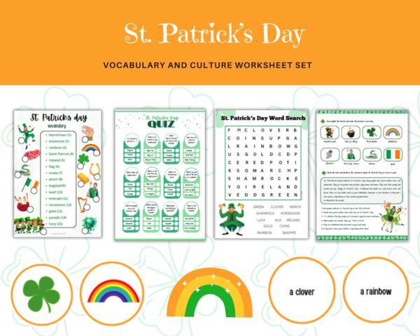 Saint Patrick Vocabulary Worksheet Set - Dzień Świętego Patryka - zestaw kart pracy ze słownictwem i tradycjami, dopasowanie, quiz, wykreślanka, czytanie ze zrozumieniem, dodatkowo karty do gry w memory