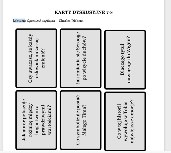 Karty dyskusyjne do lektur dla klas 7-8