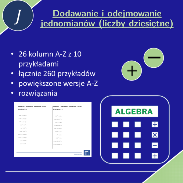 Dodawanie i odejmowanie jednomianów (liczby dziesiętne) | matematyka, algebra | 26 kolumn