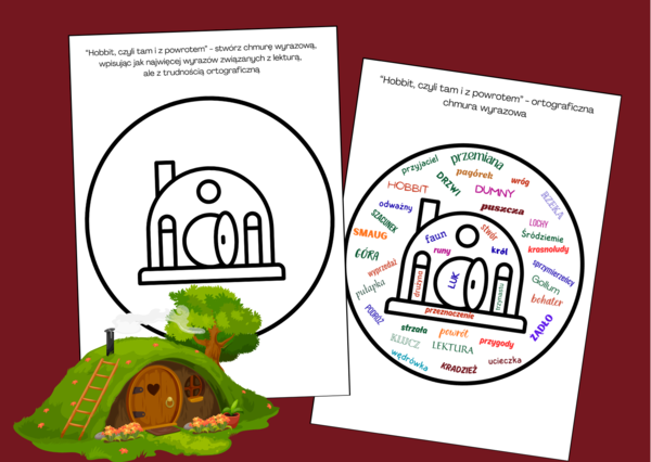 🧙Lekturowa chmura wyrazowa – "HOBBIT, czyli tam i z powrotem"– chmura – karta pracy - ortografia💍