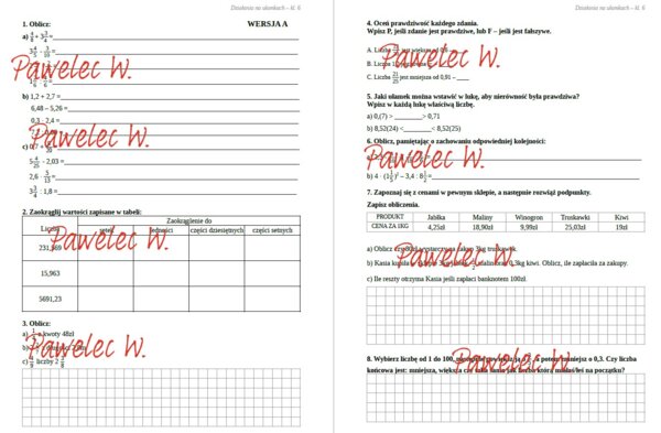 Działania na ułamkach zwykłych i dziesiętnych - sprawdzian, karta pracy, kl. 6 (przykłady, zadania tekstowe) 2 wersje/grupy
