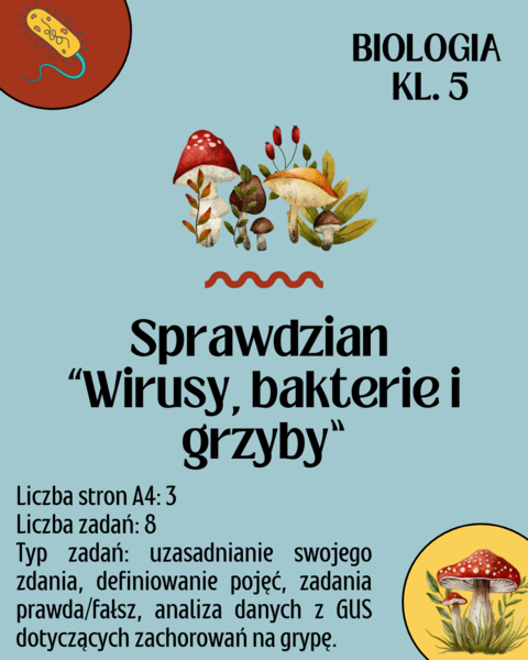 Biologia. Klasa 5. Test: Wirusy, bakterie i grzyby. Sprawdzian wiadomości zgodny z nową podstawą programową.