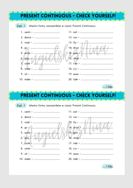 Present Continuous - Check yourself! - dodawanie ING - czasowniki - karta pracy - kartkówka - dla początkujących
