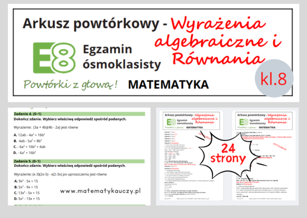 ARKUSZ POWTÓRKOWY kl.8 – WYRAŻENIA ALGEBRAICZNE, RÓWNANIA i PROPORCJE + odpowiedzi / Wymagania na 2025 rok