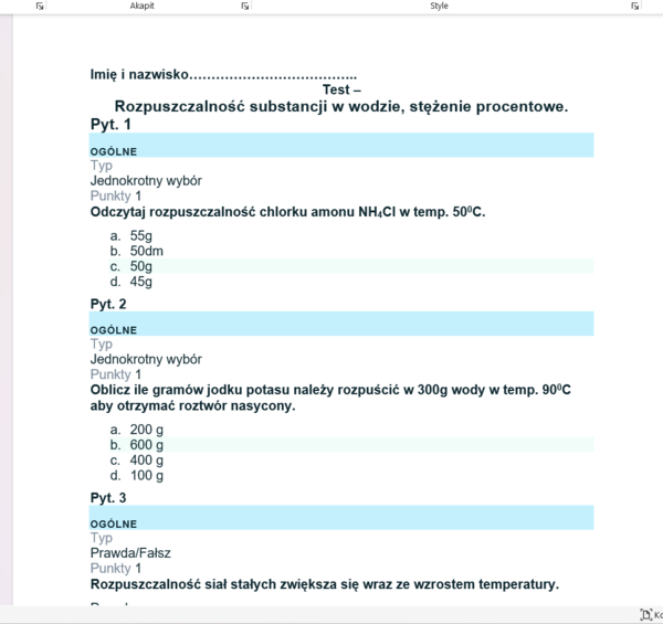 Test - rozpuszczalność substancji stężenia procentowe