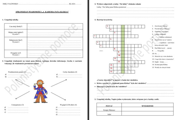Sprawdzian po omówieniu lektury "Akademia pana Kleksa"