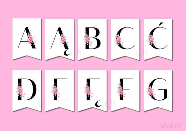 Elegancka girlanda z motywem kwiatowym – pełny polski alfabet