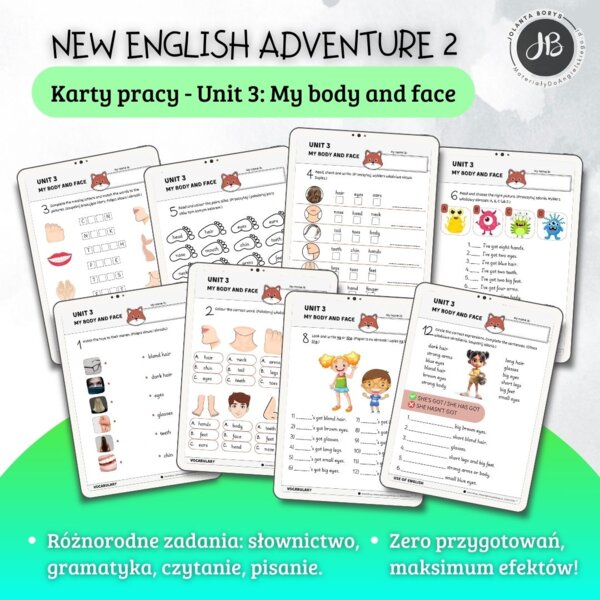 New English Adventure 2 – Unit 3: My body and face – Karty pracy dla klasy 2