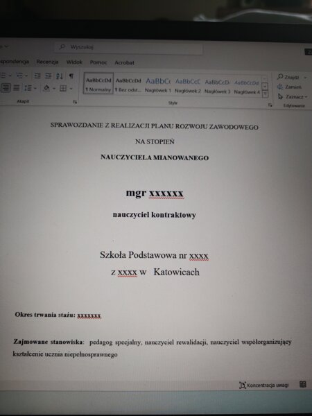 Sprawozdanie z realizacji planu rozwoju zawodowego na stopień nauczyciela mianowanego – pedagog specjalny / nauczyciel rewalidacji / nauczyciel współorganizujący kształcenie