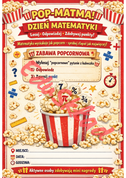 🍿 POP-MATMA! Dzień Matematyki – plakat + pytania do kubeczka + kupony nagrody (kl. 4–8)
