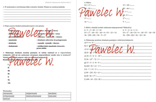 Kolejność wykonywania działań, iloraz, iloczyn, suma, różnica - karty pracy, sprawdzian, kl. 5
