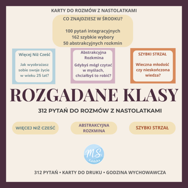 ROZGADANE KLASY – 312 pytań do rozmów z nastolatkami | Karty do druku (Icebreakery • Szybkie Strzały • Abstrakcyjna Rozkmina)