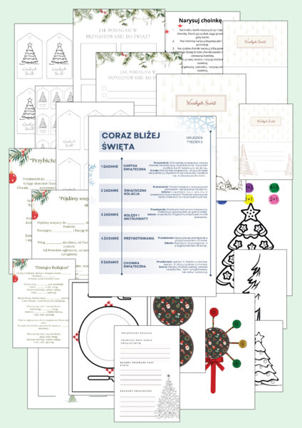 "Coraz bliżej Święta" - kartka świąteczna, potrawy, kolędy, instrument świąteczny i inne - zadania na 5 dni!