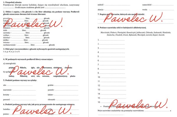 Głoska, litera, alfabet, sprawdzian, karta pracy, kl. 3 i 4