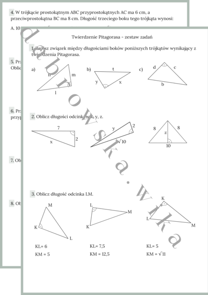 Twierdzenie Pitagorasa - zestaw zadań