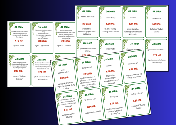 Gra - Ja mam… Kto ma…? - LEKTURY - klasy 7-8 - EGZAMIN - powtórka - cytaty - 112 szt.