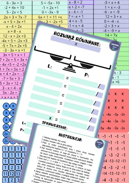 Równania - materiał wprowadzający/Montessori/praca indywidualna/praca grupowa - 84 równania