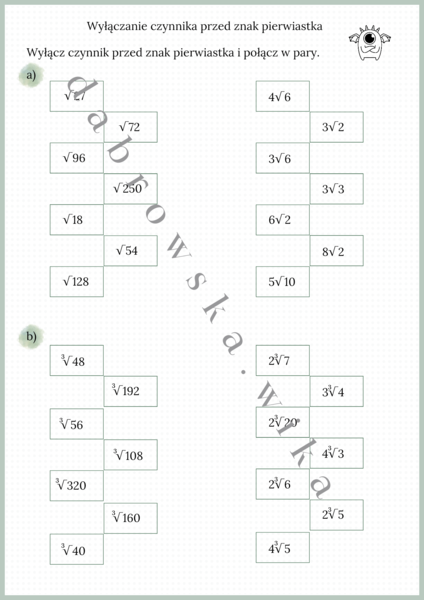 Wyłączanie czynnika przed znak pierwiastka - karta pracy