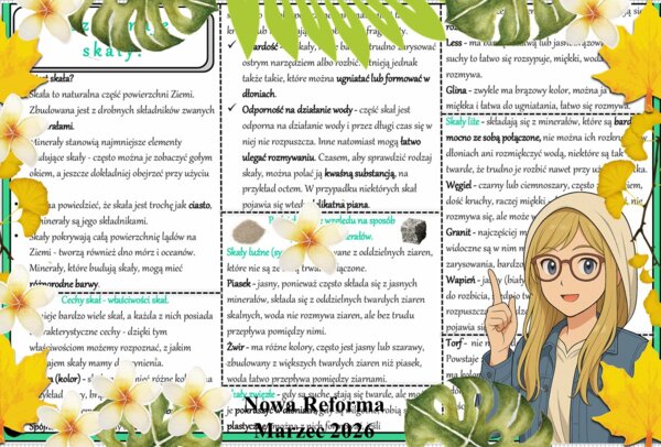 Sketchnotka/notatka - dla ucznia i przypomnienie dla nauczyciela w pdf. Temat "Rozpoznaję skały". Przyroda 4. "Odkrywam przyrodę" zgodna z wydawnictwem Nowa Era. Dział "Moja okolica".