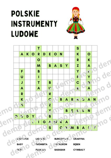Muzyka, klasa 4-5. Polskie instrumenty ludowe. Karta pracy: wykreślanka.
