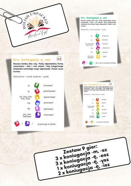 Zestaw gier wszystkie koniugacje czasownika poziom A1, język polski dla obcokrajowców