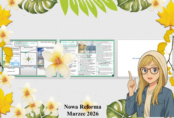 Mały zestaw na jedną lekcję: sketchnotka/notatka/przypomnienie dla nauczyciela, karta pracy plus prezentacja multimedialna „Niebo w ruchu - wiatr i chmury” w genial.ly. Przyroda "Odkrywam przyrodę". Klasa 4. Dział „Obserwuję pogodę".