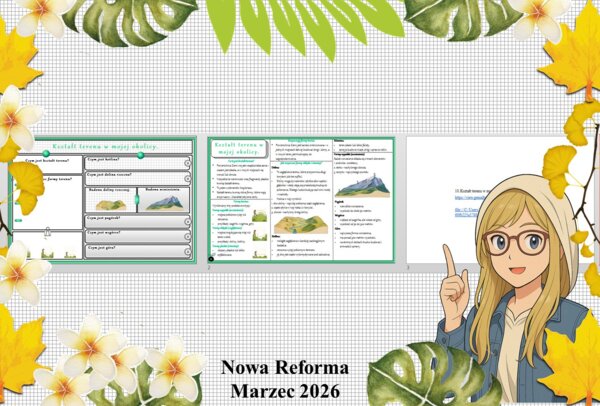 Mały zestaw na jedną lekcję: sketchnotka/notatka/przypomnienie dla nauczyciela, karta pracy plus gratisowa prezentacja multimedialna „Kształt terenu w mojej okolicy” w pdf. Przyroda "Odkrywam przyrodę". Klasa 4. Dział „Moja okolica".