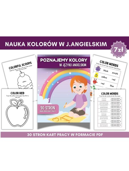 Karty pracy do nauki kolorów w języku angielskim dla dzieci! 30 stron PDF