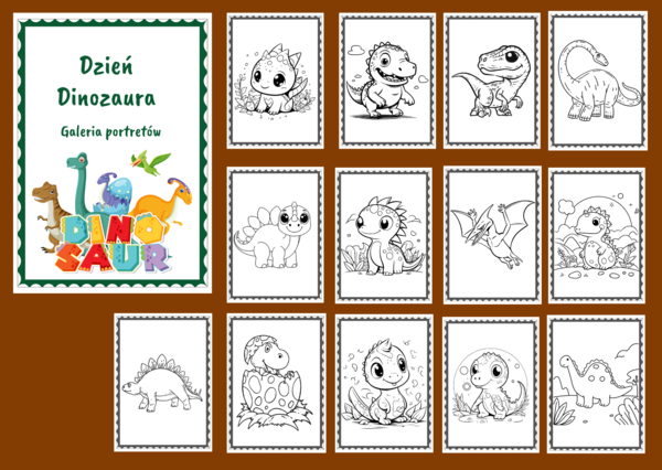 DZIEŃ DINOZAURA – Galeria portretów – kolorowanka – kolorowanki – biblioteka – świetlica – przedszkole – 27 wersji