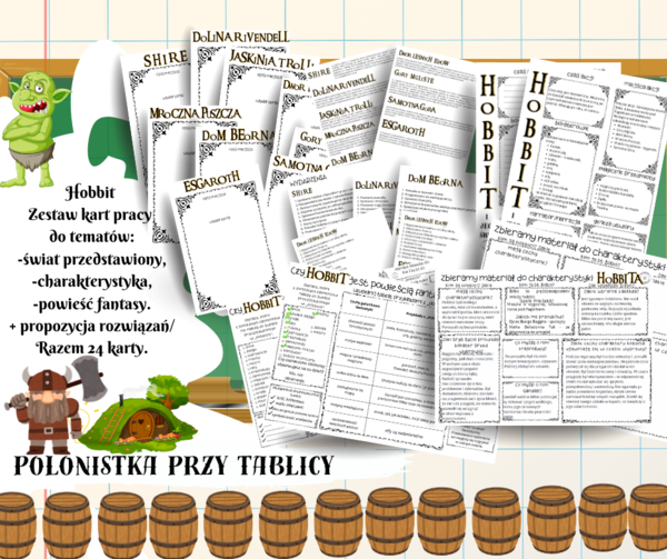 Hobbit zestaw kart pracy z propozycją odpowiedzi - świat przedstawiony, miejsca + wydarzenia, charakterystyka i gatunek utworu