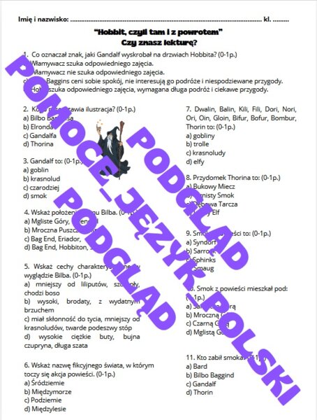 Hobbit J.R.R. Tolkien - kartkówka, test, czy znasz lekturę?