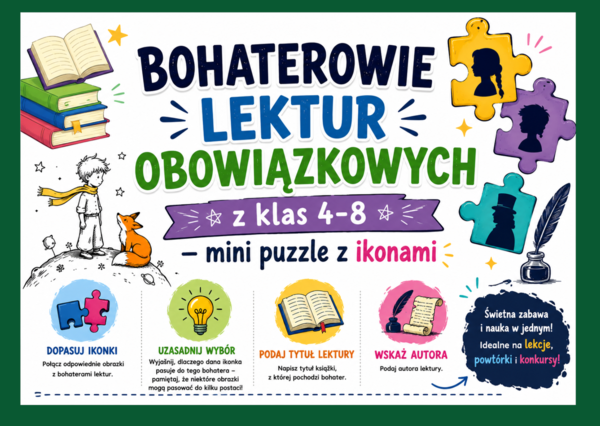 📚BOHATEROWIE LEKTUR OBOWIĄZKOWYCH – mini puzzle z ikonami – 36 szt. + karta pracy