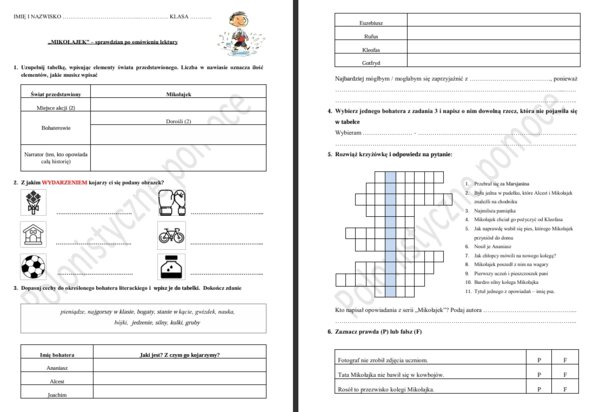 Sprawdzian po omówieniu lektury "Mikołajek"