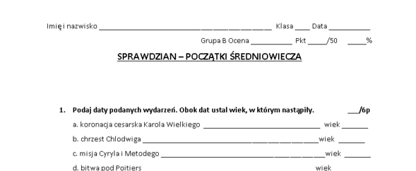 Początki średniowiecza - sprawdzian