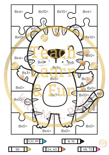 🐯 Kolorowa matematyka – kolorowanka według kodu: Mnożenie ×8 z rozbrykanym tygryskiem