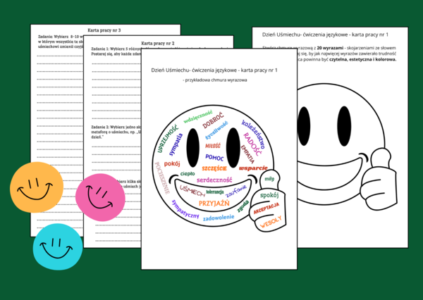 😊📚 Dzień Uśmiechu - Dzień Życzliwości – ĆWICZENIA ORTOGRAFICZNE I REDAKCYJNE ✍️ – Chmura wyrazowa – kreatywne zadania językowe dla uczniów – karty pracy – klasy 4-8 – ortografia
