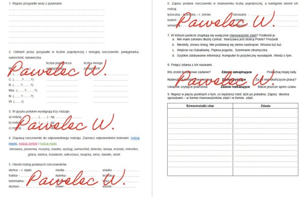 Przypadki, rodzaje rzeczowników, równoważniki zdań, kl. 6 - karta pracy, kartkówka, sprawdzian