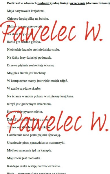 Podkreśl PODMIOT i ORZECZENIE w zdaniach - karta pracy