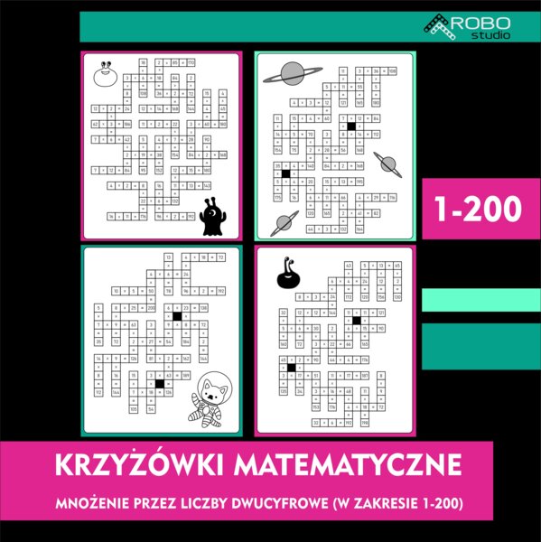 Krzyżówki matematyczne trudne, mnożenie przez liczby dwucyfrowe w zakresie 1-200. Tabliczka mnożenia.