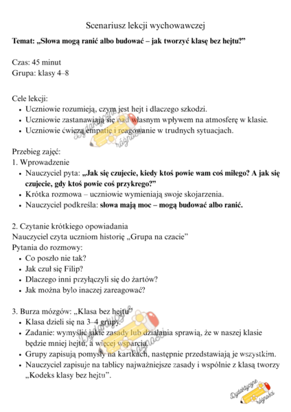 Scenariusz lekcji wychowawczej kl. 4-8. "Słowa mogą ranić albo budować - jak tworzyć klasę bez hejtu?" 45 min.